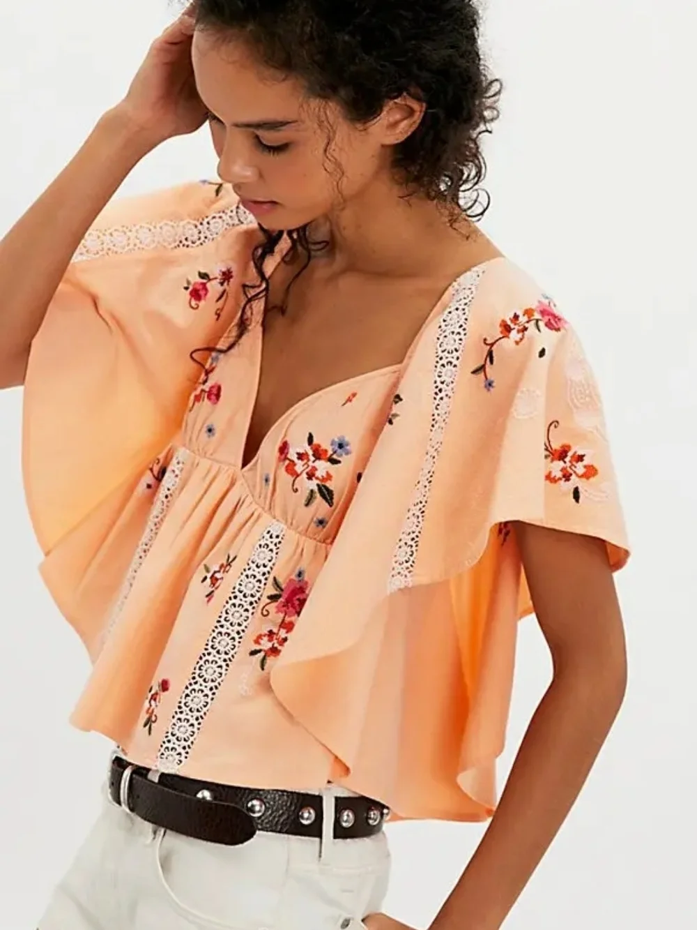 Free People Make Me Yours Embroidered Boho Crop Blouse Top Peach Size M NWT